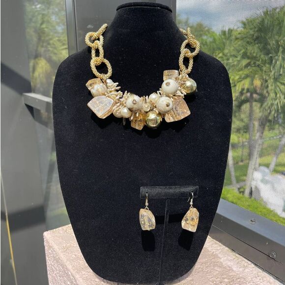 Chunky Fashion Jewelry Brown White Gold Tone Earring Set Plastic Beads Chain - Picture 6 of 6